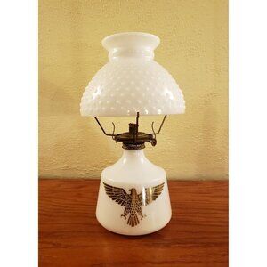 Eagle Hurricane Oil Lamp Milk Glass with Hobnail Shade Vintage